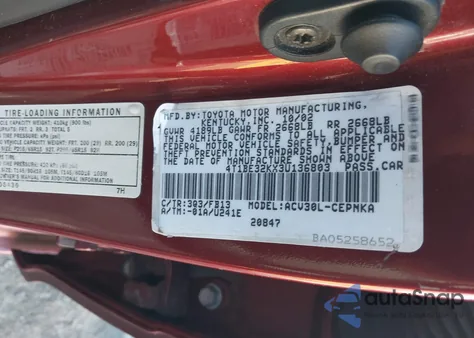 2003 Toyota Camry Le from USA, damaged, VIN 4T1BE32KX3U136803